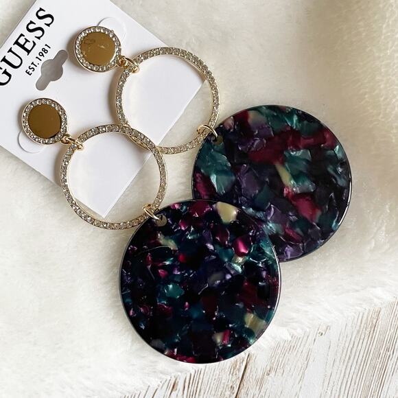 GUESS Triple Round Oversized Dangle Drop Earrings Gold Tone Pave Black New - Picture 1 of 7